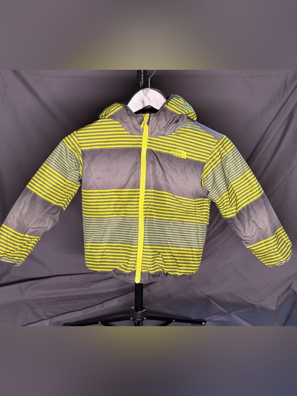 The North Face Kids Reversible Yellow & Gray Striped Puffer Jacket